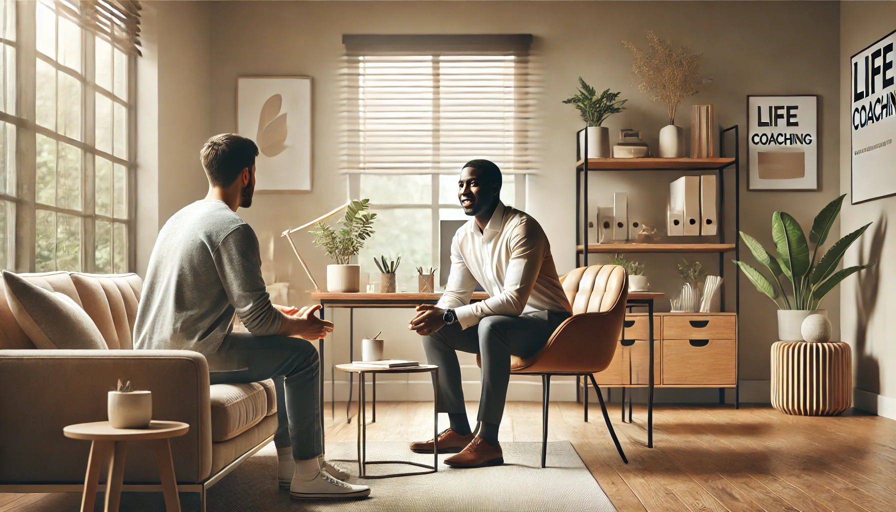 A Black life coach in his 30s sitting in a comfortable office, engaging in a supportive conversation with a client. The warm, inviting atmosphere includes natural lighting, plants, and neutral-toned furniture, conveying trust and motivation.