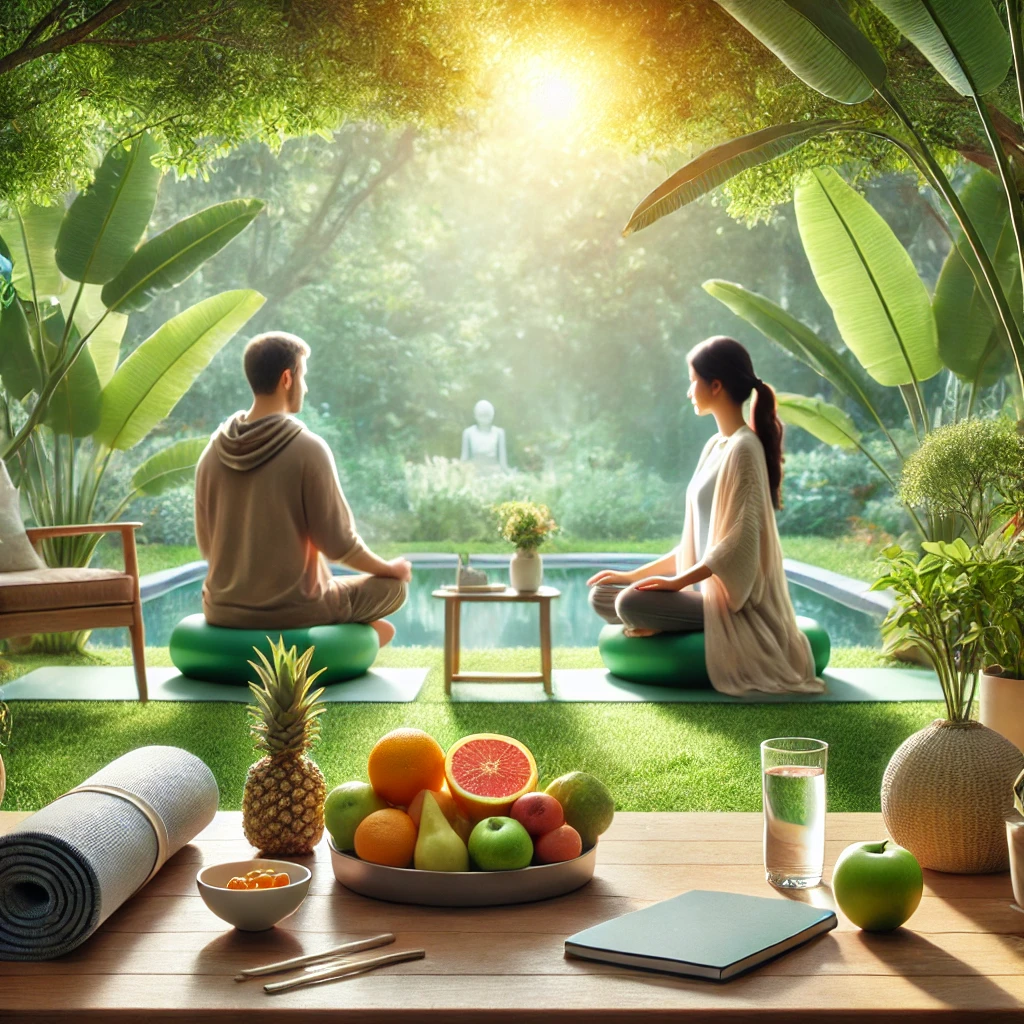 A serene scene showing a health and wellness coach working with a client in a tranquil outdoor setting. The image features greenery, yoga mats, and a fruit bowl, symbolizing relaxation and well-being.