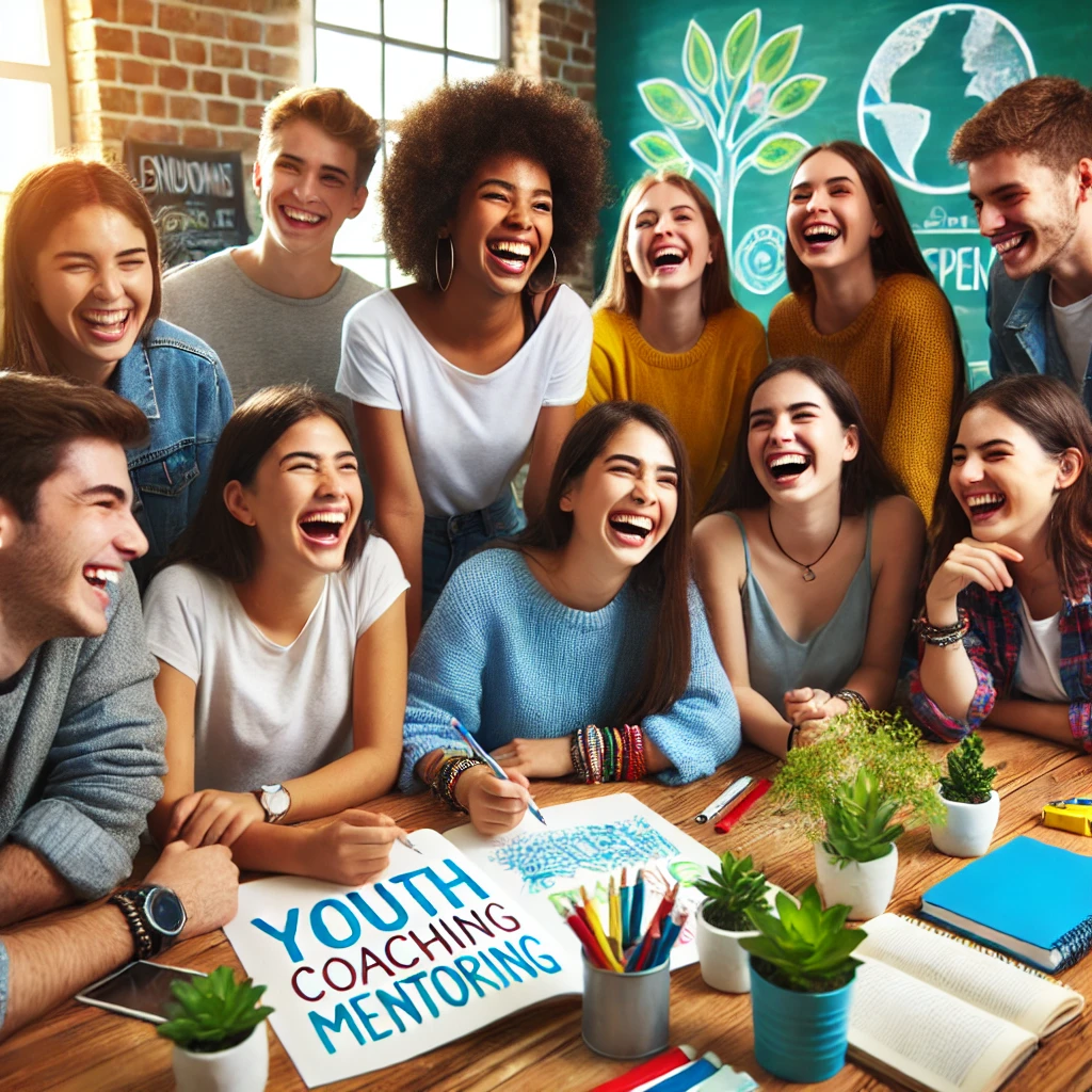 An empowering image of teenagers collaborating on a project in a vibrant classroom, symbolizing growth, confidence, and learning.