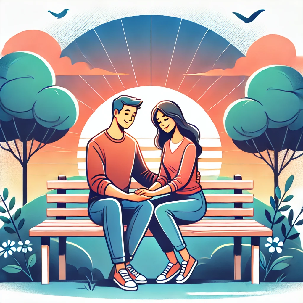 A heartwarming image of a couple holding hands and smiling on a park bench at sunset, symbolizing connection, trust, and emotional harmony.