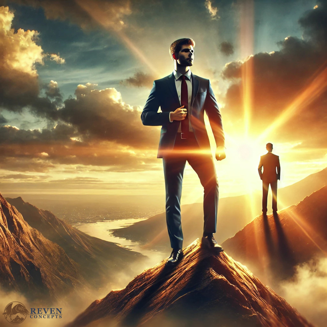 A person standing confidently on a mountain peak at sunrise, symbolizing empowerment, personal growth, and overcoming obstacles. The golden sunlight represents hope, potential, and new beginnings, with the individual dressed in professional attire, embodying strength and resilience.